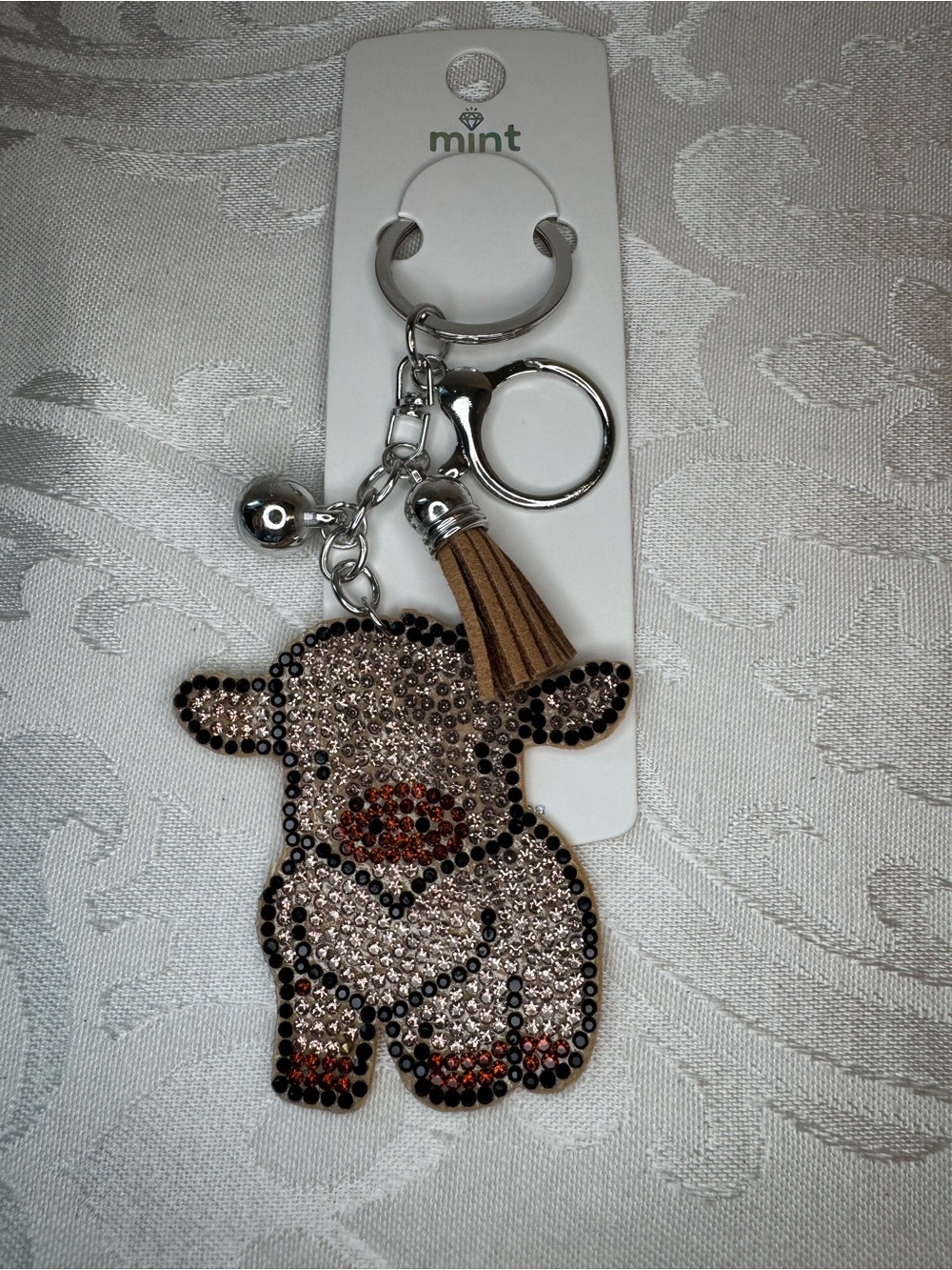New Mint Crystal Brown Cow Keychain with Brown Tassel